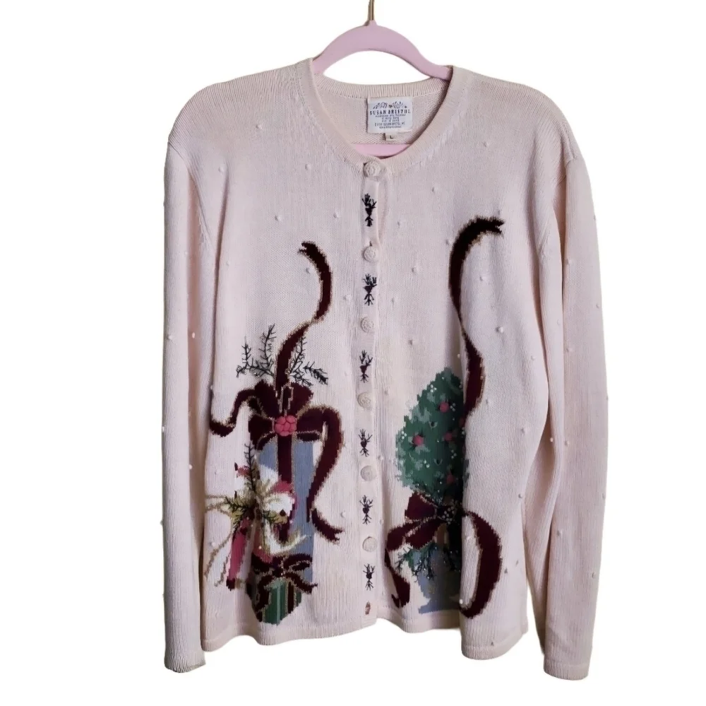 Susan Bristol Vintage 90's Pink Holiday Cardigan Sweater Size L
